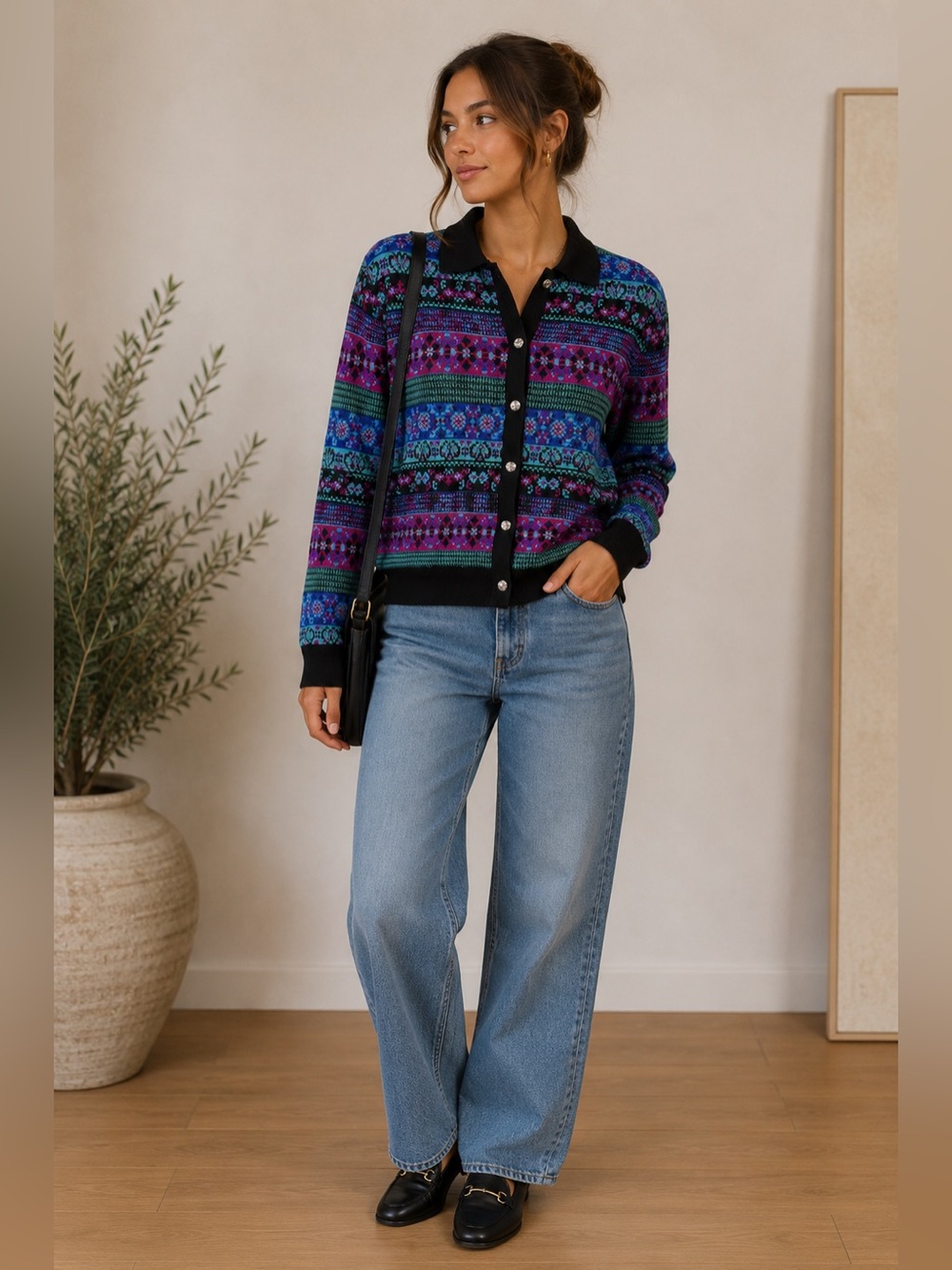 Koret Vintage Medium Multicolor Knit Button Front Collared Sweater 80s 90s